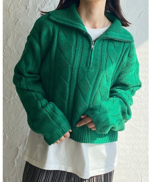 She's Closet（シーズクローゼット）の「ざっくりケーブル編みボリューム袖セーラーカラーショート丈ハーフジップニット（ニット/セーター・レディース・ブラック/グリーン/アイボリー・FREE）」の7枚目の写真