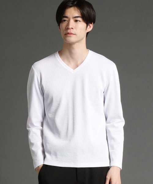 HIDEAWAYS NICOLE（ハイダウェイニコル）の「ナローサッカーストライプ長袖Vネック（Tシャツ/カットソー・メンズ・ホワイト×ブラック/オフホワイト/ブラック・MEDIUM/LARGE/X-LARGE）」の2枚目の写真