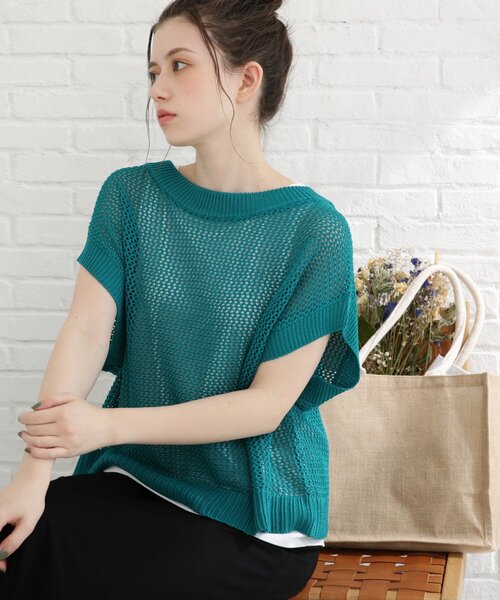 Cutie Blonde（キューティーブロンド）の「◆【セット/S-L】バックリボンメッシュニット（ニット/セーター・レディース・ブラック/オレンジ/グリーン/ライトベージュ・01/02/03）」の4枚目の写真