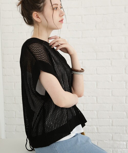 Cutie Blonde（キューティーブロンド）の「◆【セット/S-L】バックリボンメッシュニット（ニット/セーター・レディース・ブラック/オレンジ/グリーン/ライトベージュ・01/02/03）」の2枚目の写真