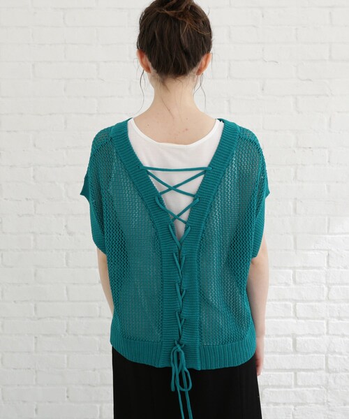 Cutie Blonde（キューティーブロンド）の「◆【セット/S-L】バックリボンメッシュニット（ニット/セーター・レディース・ブラック/オレンジ/グリーン/ライトベージュ・01/02/03）」の9枚目の写真