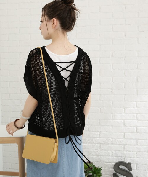 Cutie Blonde（キューティーブロンド）の「◆【セット/S-L】バックリボンメッシュニット（ニット/セーター・レディース・ブラック/オレンジ/グリーン/ライトベージュ・01/02/03）」の11枚目の写真