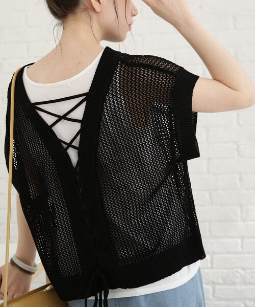 Cutie Blonde（キューティーブロンド）の「◆【セット/S-L】バックリボンメッシュニット（ニット/セーター・レディース・ブラック/オレンジ/グリーン/ライトベージュ・01/02/03）」の21枚目の写真