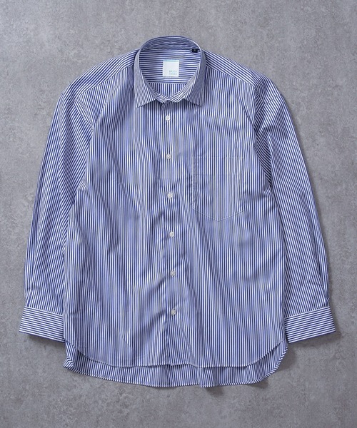 BRICK & SONS(ブリックアンドサンズ)の「リラックスバックプリーツシャツ<ブルーストライプ>(シャツ/ブラウス・メンズ・ネイビー・LL/S/M/L)」の1枚目の写真