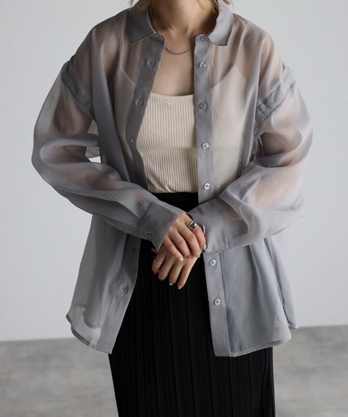 Yucca（ユッカ）の「シアー２WAYブラウス（シャツ/ブラウス・レディース・ホワイト/ダークブラウン/ブラック/グレー・MEDIUM）」の21枚目の写真