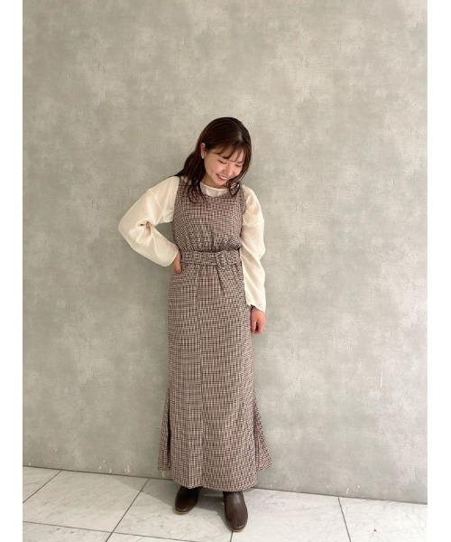 flower（フラワー）の「ガンクラブチェックワンピース（ワンピース・レディース・ベージュ/ピンク・FREE）」の5枚目の写真