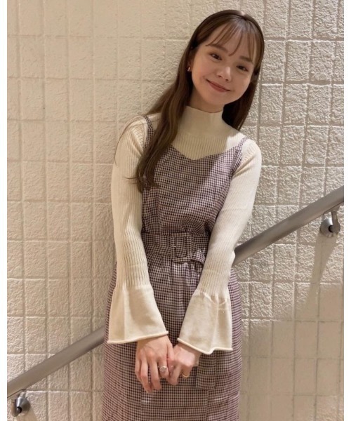 flower（フラワー）の「ガンクラブチェックワンピース（ワンピース・レディース・ベージュ/ピンク・FREE）」の7枚目の写真