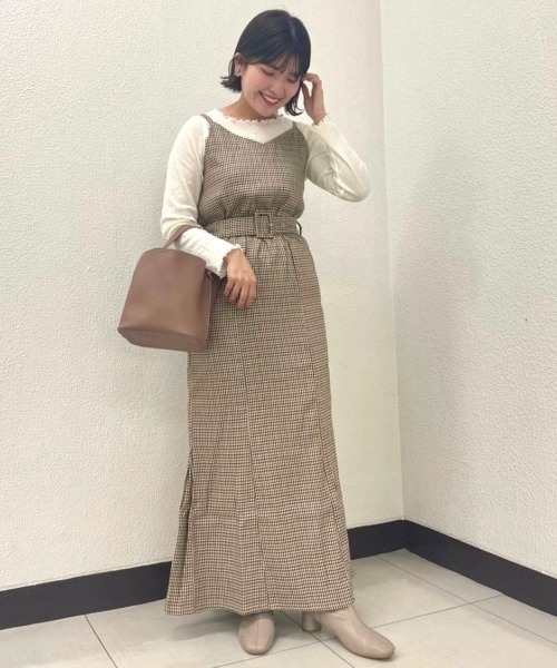 flower（フラワー）の「ガンクラブチェックワンピース（ワンピース・レディース・ベージュ/ピンク・FREE）」の8枚目の写真