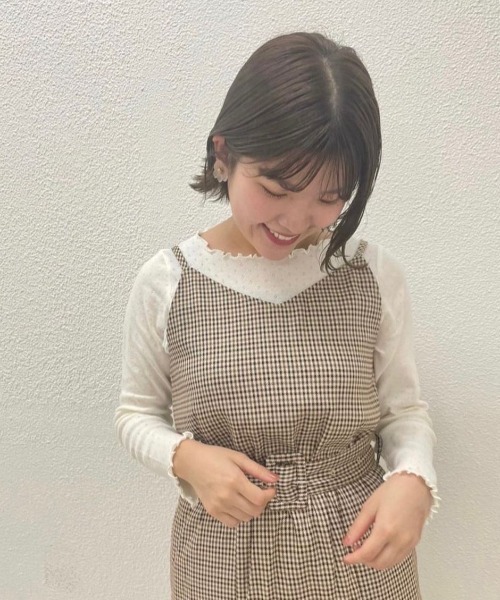 flower（フラワー）の「ガンクラブチェックワンピース（ワンピース・レディース・ベージュ/ピンク・FREE）」の9枚目の写真