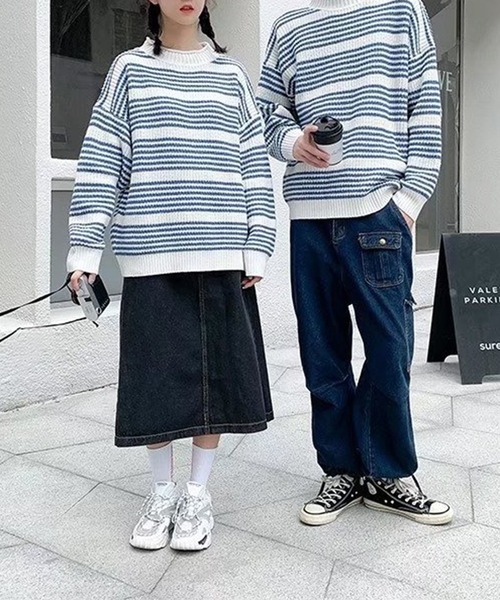 GENXDER（ノンジェンダー）の「【genxder】ユニセックスボーダーセーター（ニット/セーター・メンズ・ホワイト×ブルー・MEDIUM/XX-LARGE/LARGE/X-LARGE）」の3枚目の写真