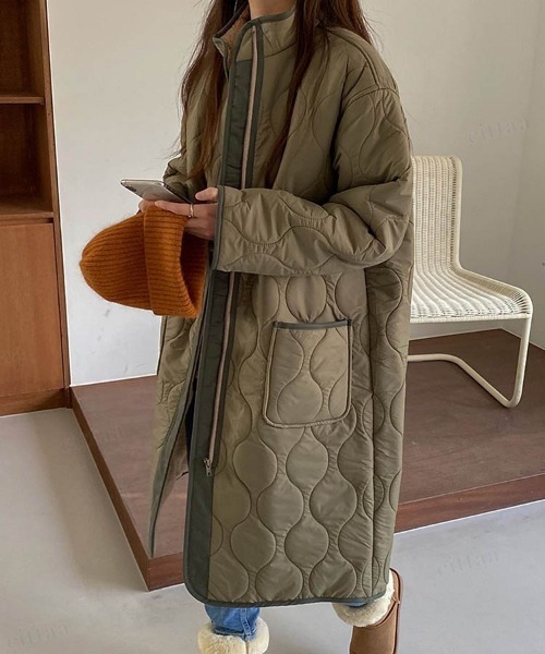 Dalfwin(ダールフィン)の「2022 AW 秋冬 韓国ファッション コート レディース スタンドカラーキルティングロングコート ロング丈 アウター キルティングコート ボアコート(その他アウター・レディース・アイボリー/カーキ・FREE)」の3枚目の写真