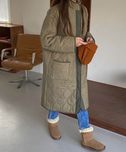 Dalfwin(ダールフィン)の「2022 AW 秋冬 韓国ファッション コート レディース スタンドカラーキルティングロングコート ロング丈 アウター キルティングコート ボアコート(その他アウター・レディース・アイボリー/カーキ・FREE)」の13枚目の写真