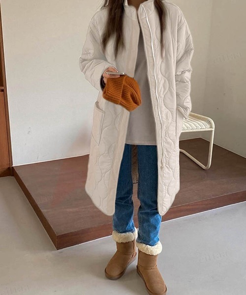 Dalfwin(ダールフィン)の「2022 AW 秋冬 韓国ファッション コート レディース スタンドカラーキルティングロングコート ロング丈 アウター キルティングコート ボアコート(その他アウター・レディース・アイボリー/カーキ・FREE)」の5枚目の写真