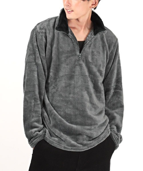 LUXSTYLE（ラグスタイル）の「ハーフZIPシャギーボアトレーナー（スウェット・メンズ・チャコール/ブラック・M/L/XL）」の2枚目の写真