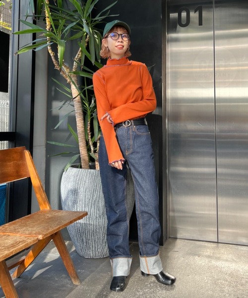 HELLO.SANFRANCISCO（ハローサンフランシスコ）の「【HELLO.SANFRANCISCO/ハローサンフランシスコ】レースアップリブタートル（Tシャツ/カットソー・レディース・オレンジ/スカイブルー・FREE）」の5枚目の写真