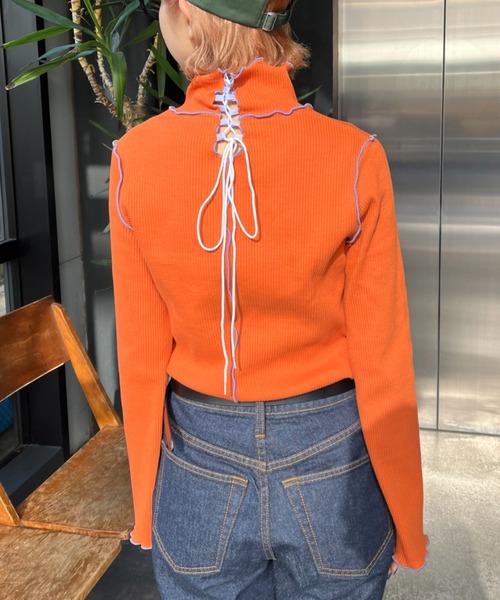 HELLO.SANFRANCISCO（ハローサンフランシスコ）の「【HELLO.SANFRANCISCO/ハローサンフランシスコ】レースアップリブタートル（Tシャツ/カットソー・レディース・オレンジ/スカイブルー・FREE）」の12枚目の写真