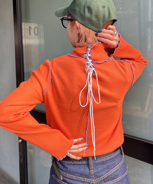 HELLO.SANFRANCISCO（ハローサンフランシスコ）の「【HELLO.SANFRANCISCO/ハローサンフランシスコ】レースアップリブタートル（Tシャツ/カットソー・レディース・オレンジ/スカイブルー・FREE）」の21枚目の写真
