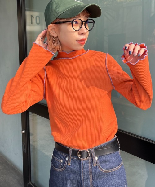 HELLO.SANFRANCISCO（ハローサンフランシスコ）の「【HELLO.SANFRANCISCO/ハローサンフランシスコ】レースアップリブタートル（Tシャツ/カットソー・レディース・オレンジ/スカイブルー・FREE）」の6枚目の写真