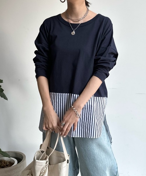 DouDou(ドゥドゥ)の「裾異素材切替ラウンドプルオーバー(Tシャツ/カットソー・レディース・オフホワイト/ネイビー/ブルー・FREE)」の2枚目の写真
