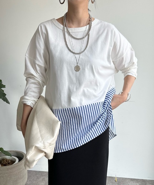DouDou(ドゥドゥ)の「裾異素材切替ラウンドプルオーバー(Tシャツ/カットソー・レディース・オフホワイト/ネイビー/ブルー・FREE)」の3枚目の写真