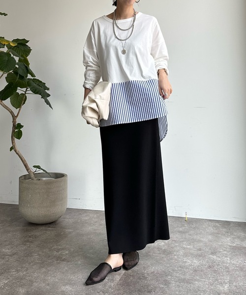 DouDou(ドゥドゥ)の「裾異素材切替ラウンドプルオーバー(Tシャツ/カットソー・レディース・オフホワイト/ネイビー/ブルー・FREE)」の14枚目の写真