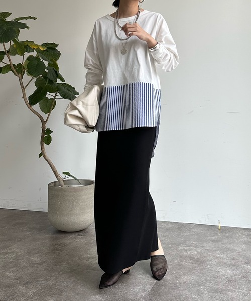 DouDou(ドゥドゥ)の「裾異素材切替ラウンドプルオーバー(Tシャツ/カットソー・レディース・オフホワイト/ネイビー/ブルー・FREE)」の15枚目の写真