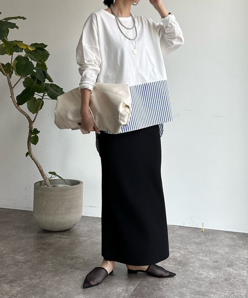 DouDou(ドゥドゥ)の「裾異素材切替ラウンドプルオーバー(Tシャツ/カットソー・レディース・オフホワイト/ネイビー/ブルー・FREE)」の16枚目の写真