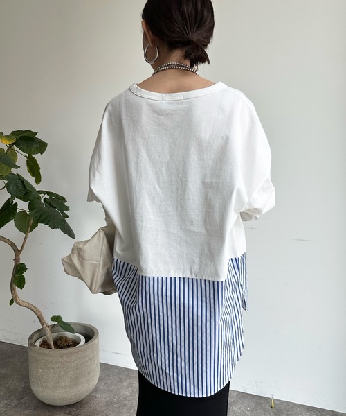 DouDou(ドゥドゥ)の「裾異素材切替ラウンドプルオーバー(Tシャツ/カットソー・レディース・オフホワイト/ネイビー/ブルー・FREE)」の22枚目の写真
