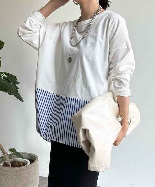 DouDou(ドゥドゥ)の「裾異素材切替ラウンドプルオーバー(Tシャツ/カットソー・レディース・オフホワイト/ネイビー/ブルー・FREE)」の18枚目の写真