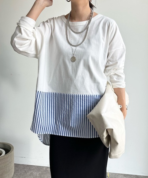 DouDou(ドゥドゥ)の「裾異素材切替ラウンドプルオーバー(Tシャツ/カットソー・レディース・オフホワイト/ネイビー/ブルー・FREE)」の19枚目の写真