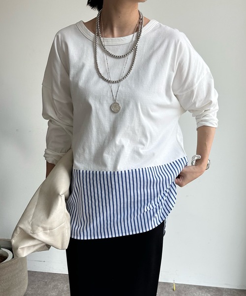DouDou(ドゥドゥ)の「裾異素材切替ラウンドプルオーバー(Tシャツ/カットソー・レディース・オフホワイト/ネイビー/ブルー・FREE)」の21枚目の写真