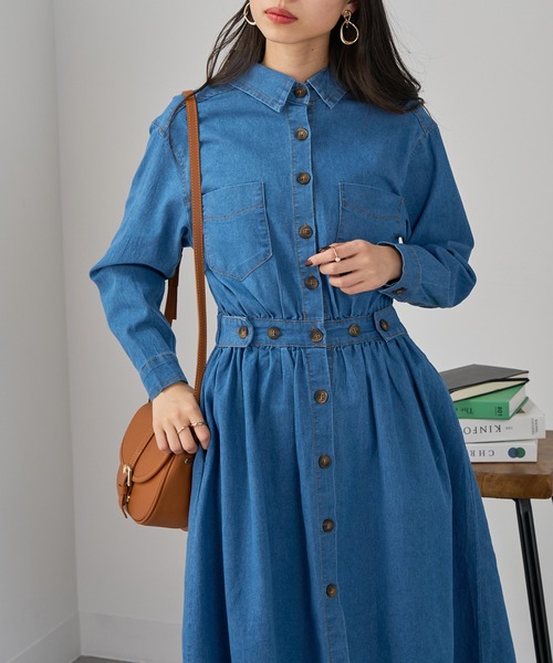 SETUP7(セットアップセブン)の「【SETUP7】ウエストシェイプデニムフレアワンピース KNF(ワンピース・レディース・ネイビー/ブルー・M/L)」の5枚目の写真