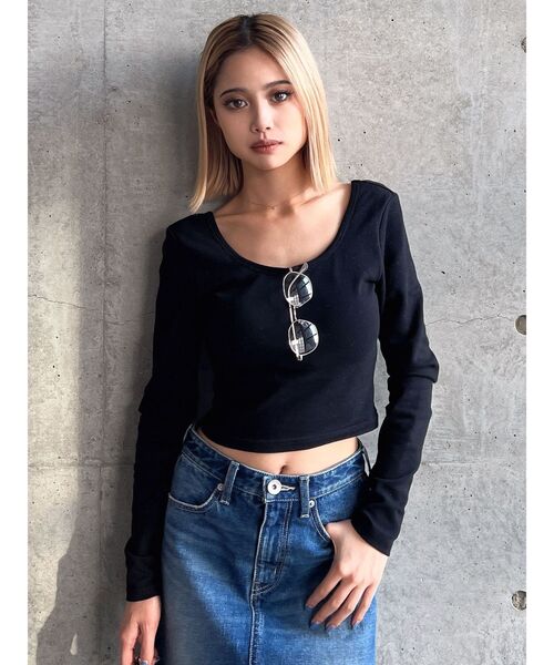 GYDA（ジェイダ）の「クルーネックリブニットトップス（ニット/セーター・レディース・その他1/ブラック/オフホワイト・FREE）」の2枚目の写真