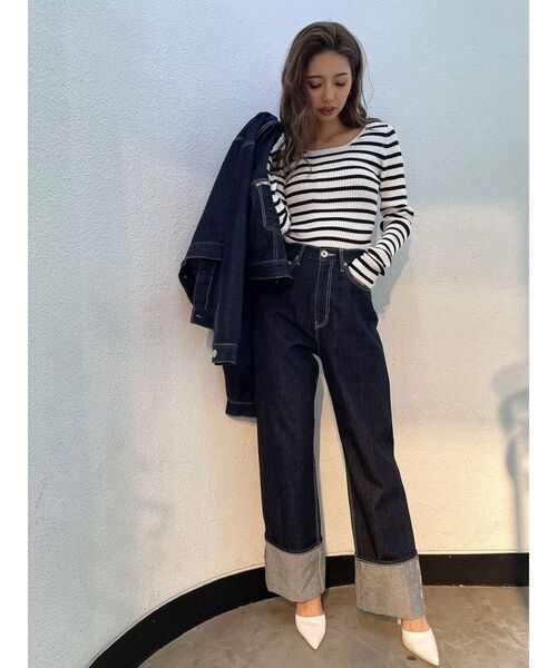 GYDA（ジェイダ）の「クルーネックリブニットトップス（ニット/セーター・レディース・その他1/ブラック/オフホワイト・FREE）」の7枚目の写真