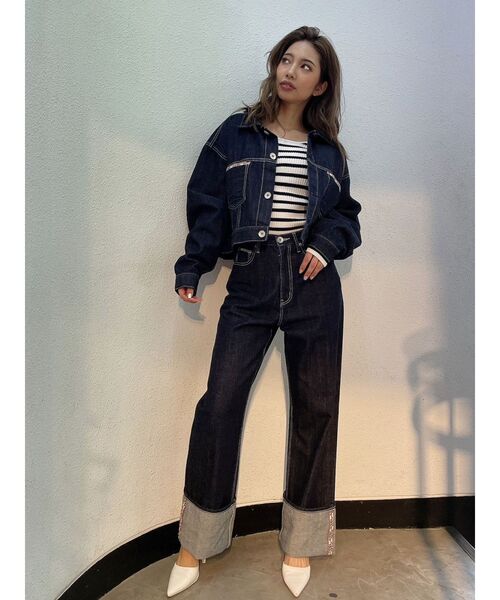 GYDA（ジェイダ）の「クルーネックリブニットトップス（ニット/セーター・レディース・その他1/ブラック/オフホワイト・FREE）」の4枚目の写真