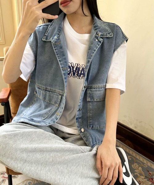 SHEPP(シープ)の「【お気に入り数8500人突破!】ゆるっとかわいい。ヴィンテージライクな デニム ビッグシルエット ベスト ユニセックス(ベスト・レディース・ブラック/ブルー・S/M/L/XL)」の5枚目の写真