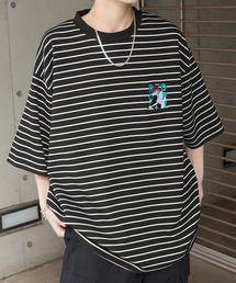 【RED CAP GIRL】ビッグシルエット ワンポイント刺繍 ボーダー/ サイドライン ドレープとろみ リンガーTシャツ カットソー ユニセックス