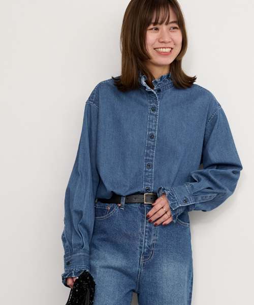 1/9発送 JOURNAL STANDARD relume デニムフリルブラウス WEB限定追加4》スタンドネックデニムフリルブラウス（シャツ/ブラウス
