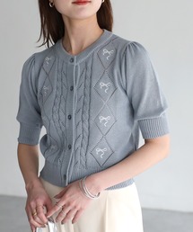 リボン刺繍パフスリーブ半袖ニットカーディガン
