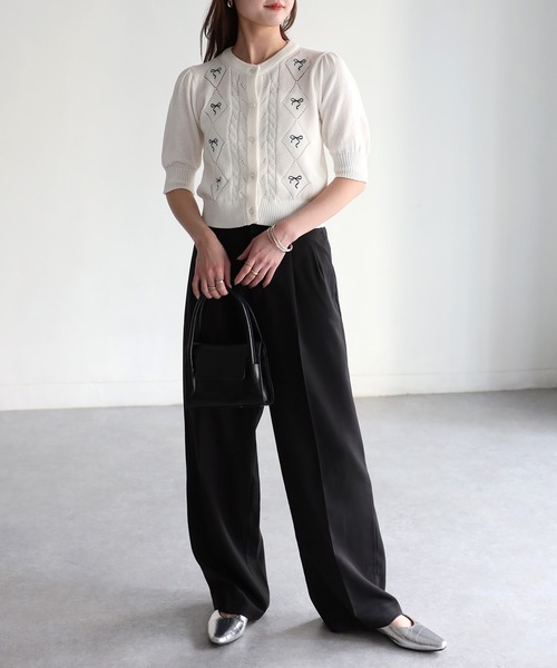 Riberry(リベリー)の「リボン刺繍パフスリーブ半袖ニットカーディガン(カーディガン/ボレロ・レディース・ピンク/ブラック/グレイッシュブルー/オフホワイト・FREE)」の21枚目の写真