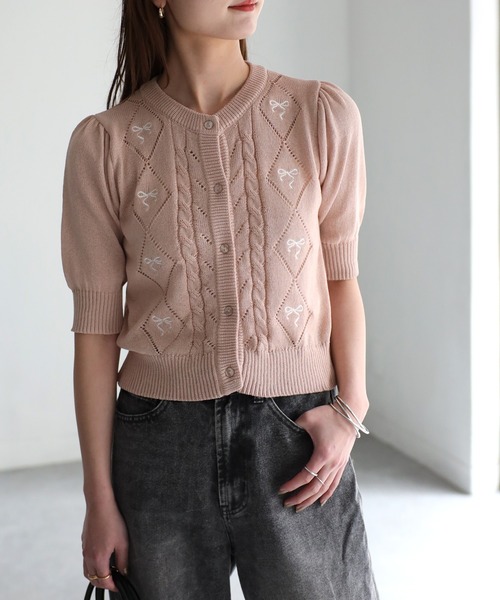 美品 Vintage バリー BALLY ニット カーディガン ボレロ クロップド ショート丈 刺繍 トップス レディース 42(M相当) ボレロニットカーディガン クロップド丈秋[品番：II000009220