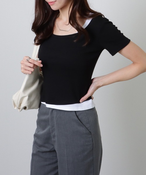 Lace Ladies(レースレディース)の「ラウンドネック フェイクレイヤード 配色 半袖 トップス(Tシャツ/カットソー・レディース・ホワイト/ブラック/グレイッシュベージュ/アイボリー/グレー・S/M/XL)」の8枚目の写真
