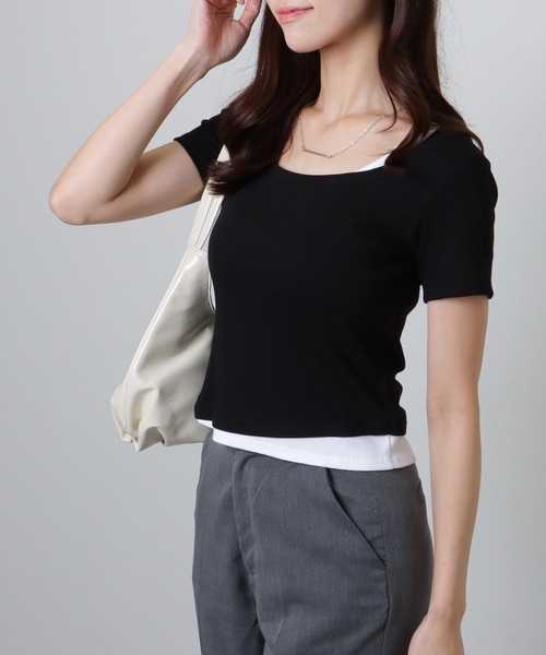 Lace Ladies(レースレディース)の「ラウンドネック フェイクレイヤード 配色 半袖 トップス(Tシャツ/カットソー・レディース・ホワイト/ブラック/グレイッシュベージュ/アイボリー/グレー・S/M/XL)」の10枚目の写真