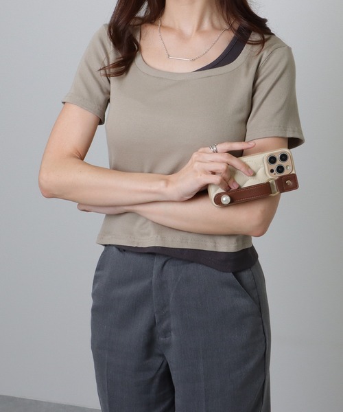 Lace Ladies(レースレディース)の「ラウンドネック フェイクレイヤード 配色 半袖 トップス(Tシャツ/カットソー・レディース・ホワイト/ブラック/グレイッシュベージュ/アイボリー/グレー・S/M/XL)」の14枚目の写真