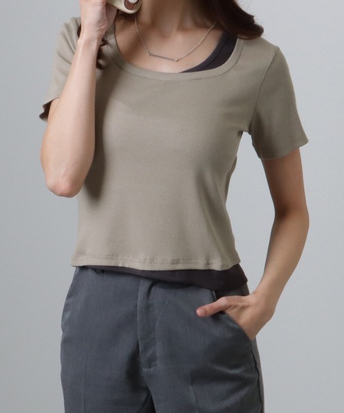 Lace Ladies(レースレディース)の「ラウンドネック フェイクレイヤード 配色 半袖 トップス(Tシャツ/カットソー・レディース・ホワイト/ブラック/グレイッシュベージュ/アイボリー/グレー・S/M/XL)」の15枚目の写真