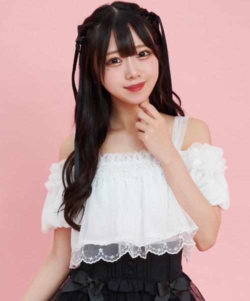 Secret Honey（シークレットハニー）の「チュールフリルオフショルトップス（Tシャツ/カットソー・レディース・ブラック/オフホワイト・FREE）」の2枚目の写真