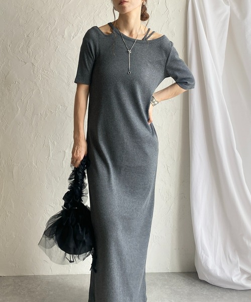 セール】カットアウトオフショルダー肩あき半袖タイトロング丈