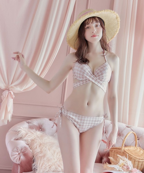 【ビキニ】【水着】千鳥格子柄 バッククロスリボン クロスビキニ 2点セット 千鳥格子柄 バッククロスリボン クロスビキニ 2点セット