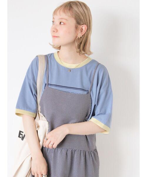 ehka sopo(エヘカソポ)の「プリントリンガーTシャツ(Tシャツ/カットソー・レディース・サックスブルー/グリーン/キナリ/オフホワイト・F)」の1枚目の写真