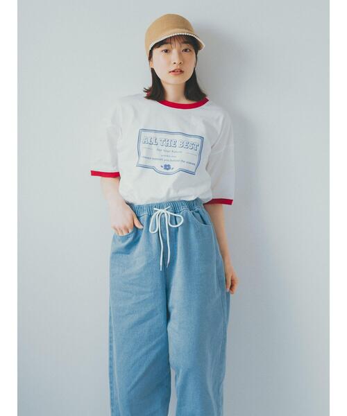 ehka sopo(エヘカソポ)の「プリントリンガーTシャツ(Tシャツ/カットソー・レディース・サックスブルー/グリーン/キナリ/オフホワイト・F)」の7枚目の写真